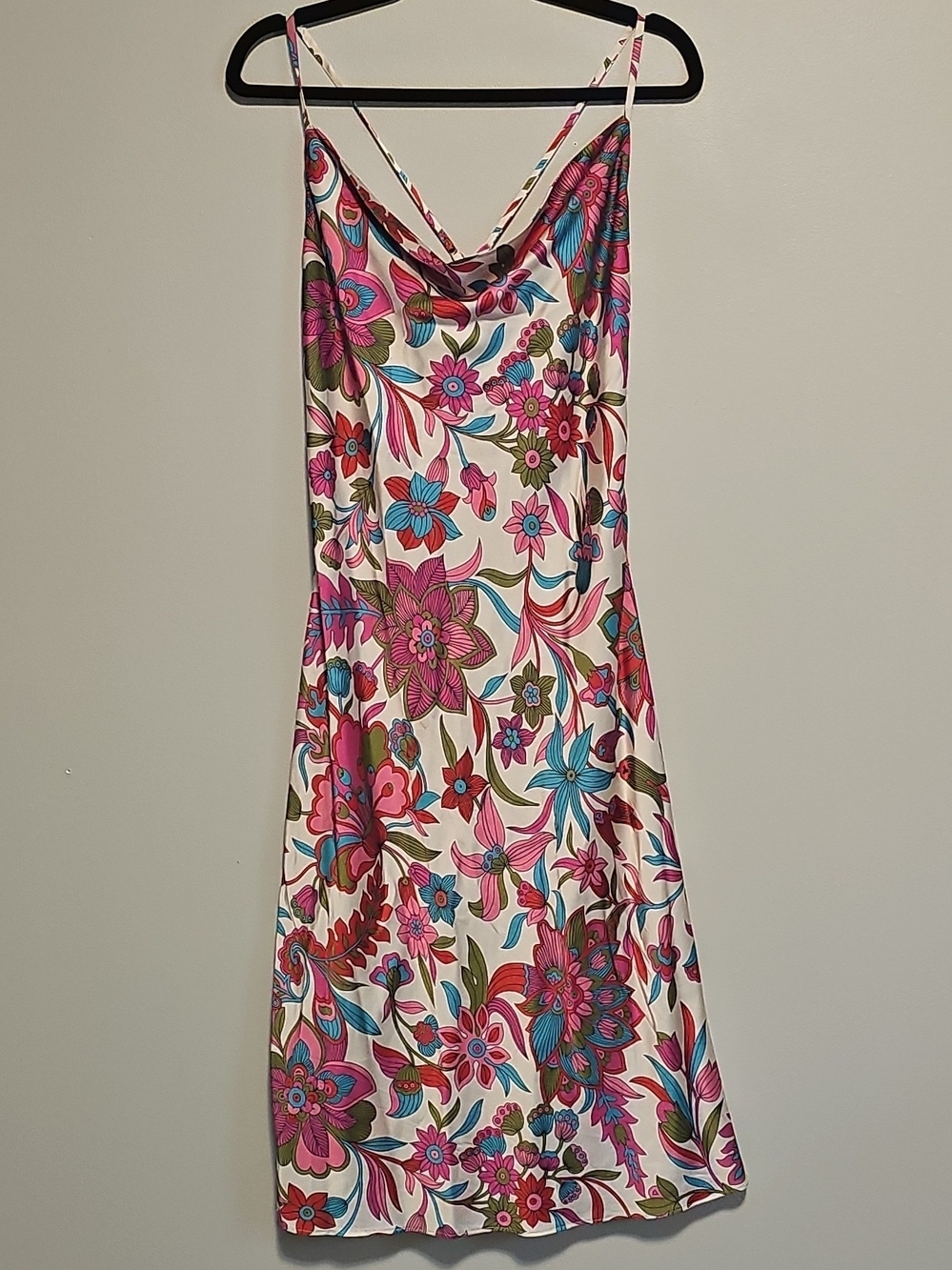 Flora Bea NYC 100% Silk Floral Slip Midi Dress in Pink & Green